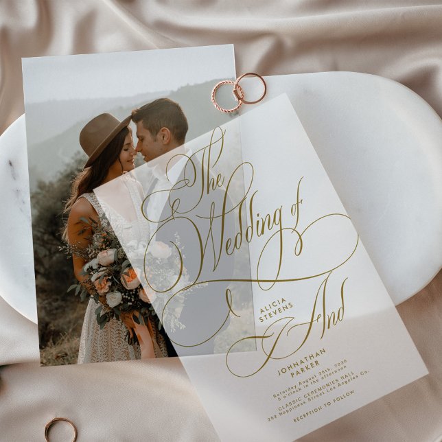 Elegant gold calligraphy script wedding overlay vellum invitations (Creator Uploaded)