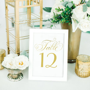 Elegant Gold Calligraphy Script White Wedding Table Number