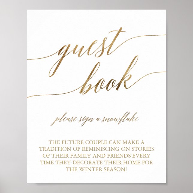 Elegant Gold Calligraphy Snowflake Guest Book Sign (Front)