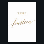 Elegant Gold Calligraphy Table Number Fourteen<br><div class="desc">This elegant gold calligraphy table fourteen table number is perfect for a simple wedding. The neutral design features a minimalist card decorated with romantic and whimsical faux gold foil typography. The card prints on the front and back (double-sided). Other table numbers in the collection are sold separately. Please Note: This...</div>