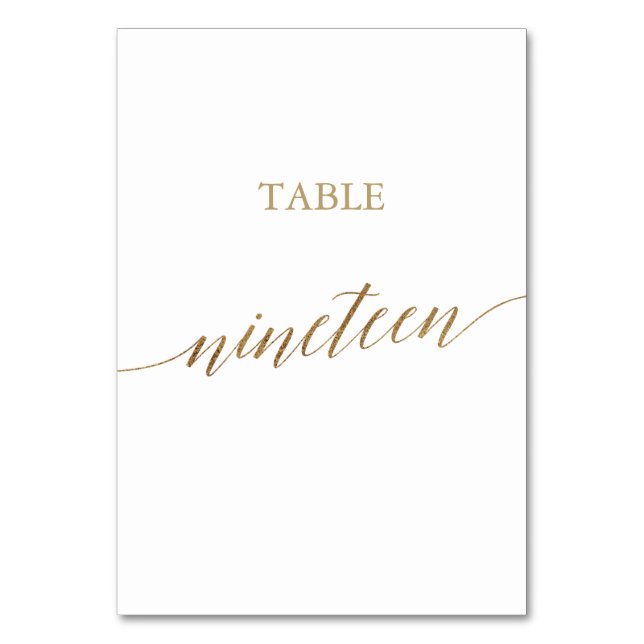 Elegant Gold Calligraphy Table Number Nineteen (Front)