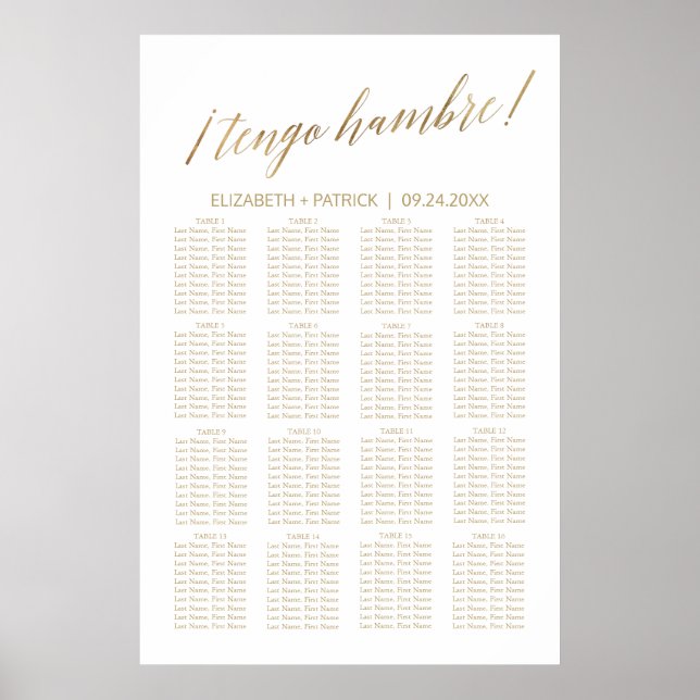 Elegant Gold Calligraphy Tengo Hambre Table Plan Poster (Front)