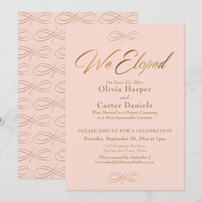 Elegant Gold Calligraphy We Eloped Blush Reception Invitation (Front/Back)