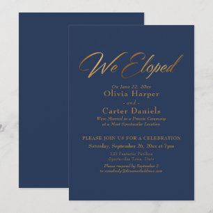 Elegant Gold Calligraphy We Eloped over Navy Invitation