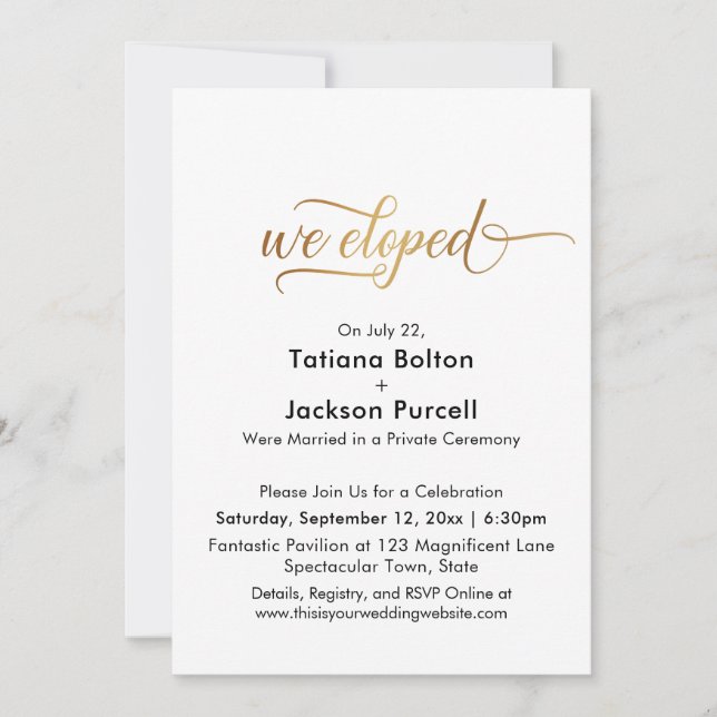 Elegant Gold Calligraphy We Eloped Reception Invitation (Front)