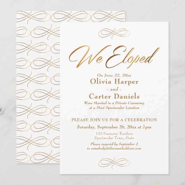 Elegant Gold Calligraphy We Eloped Reception Invitation (Front/Back)