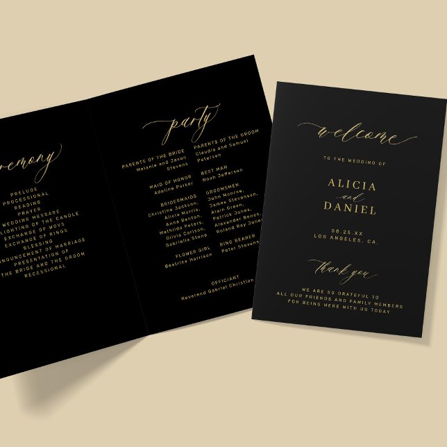 Elegant gold calligraphy wedding party black programme (Creator Uploaded)