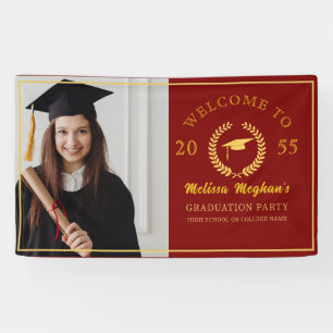 Elegant Gold Cap Laurel Wreath Graduation Party  Banner