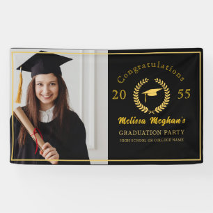 Elegant Gold Cap Laurel Wreath Graduation Party Banner