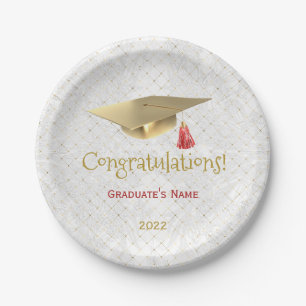 Elegant Gold Cap Red Congratulations Graduation Paper Plate