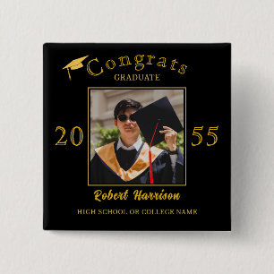 Elegant Gold Cap Typography Graduation Party Photo 15 Cm Square Badge