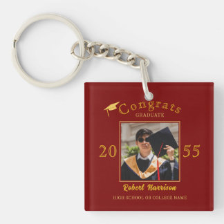Elegant Gold Cap Typography Graduation Party Photo Key Ring