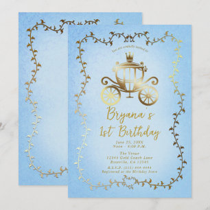 Elegant Gold Carriage Blue Storybook 1st Birthday Invitation