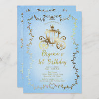 Elegant Gold Carriage Blue Storybook 1st Birthday