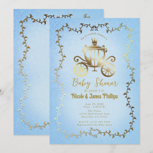 Elegant Gold Carriage Blue Storybook Baby Shower  Invitation (Front/Back)