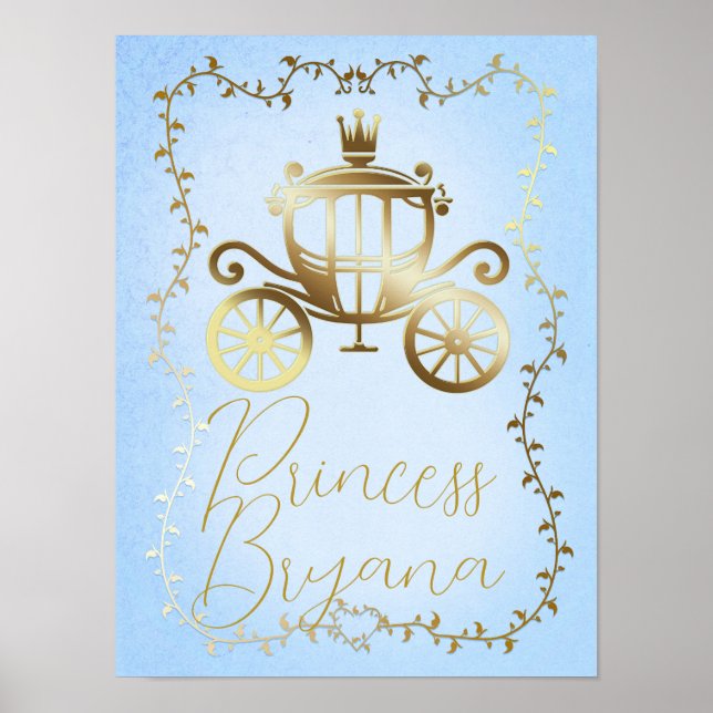 Elegant Gold Carriage Blue Storybook Personalised Poster (Front)