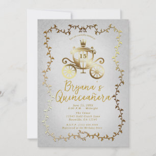 Elegant Gold Carriage Blue Storybook Quinceañera Invitation