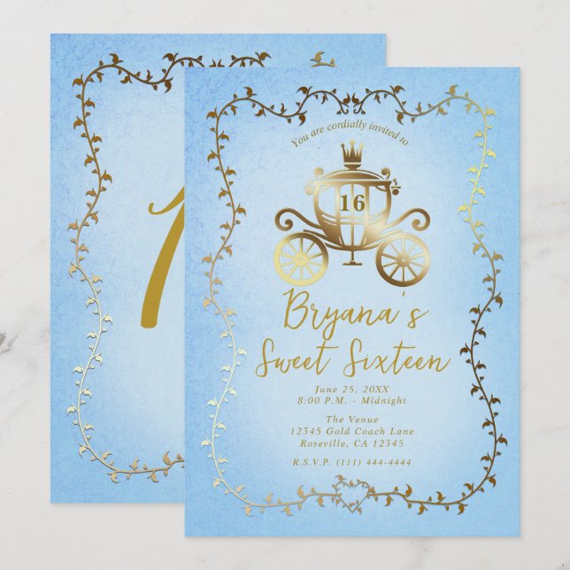 Elegant Gold Carriage Blue Storybook Sweet 16 Invitation (Front/Back)