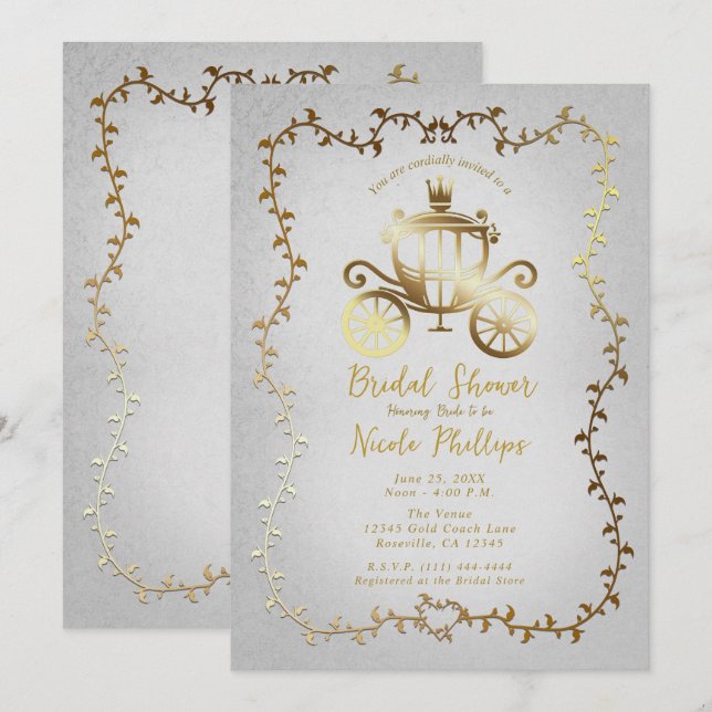 Elegant Gold Carriage White Storybook Bridal  Invitation (Front/Back)