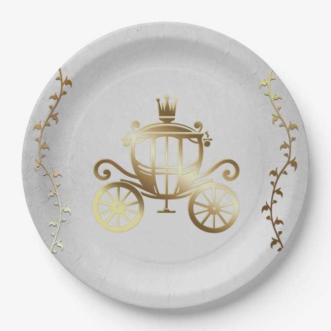 Elegant Gold Carriage White Storybook Royal Paper Plate (Front)
