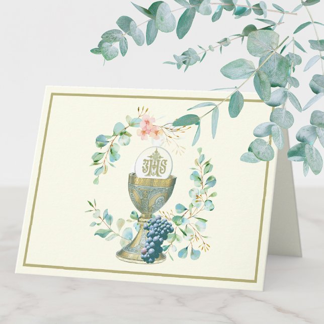 Elegant Gold Catholic Eucalyptus Chalice Host  Holiday Card (Creator Uploaded)