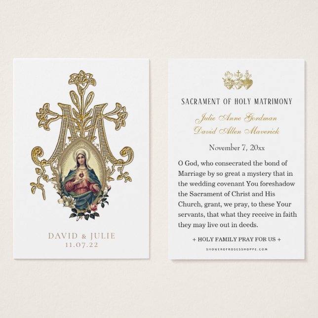 Elegant Gold Catholic Wedding Prayer Card (Front & Back)
