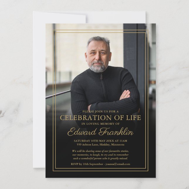Elegant Gold Celebration Of Life Funeral Photo Invitation (Front)