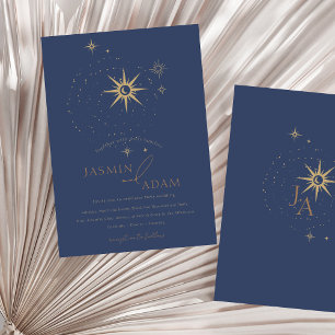 Elegant Gold Celestial Stars Navy Blue Wedding Invitation