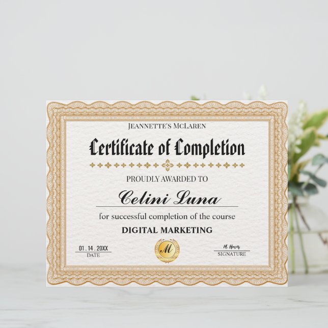 Elegant Gold Certificate of Completion – Modern  (Standing Front)