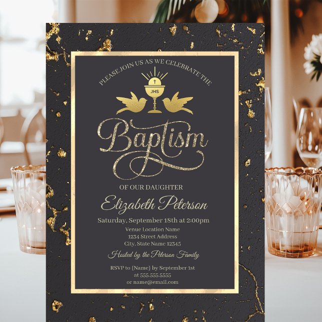 Elegant Gold  Chalice Grey Baptism Invitation (Creator Uploaded)