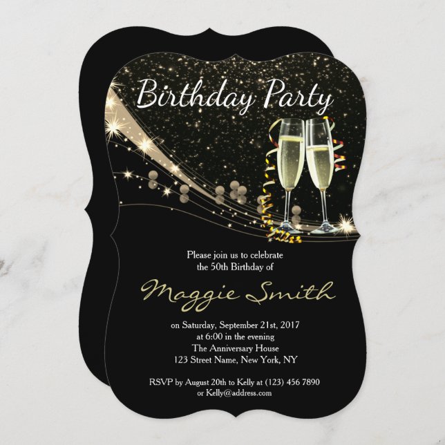 Elegant Gold Champagne Birthday Party Invite (Front/Back)