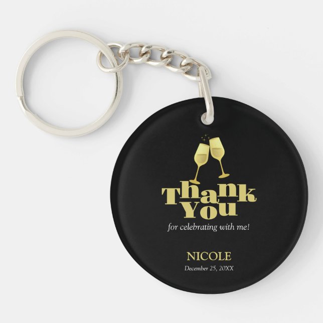 Elegant Gold Champagne Black Birthday Thank You Key Ring (Front)