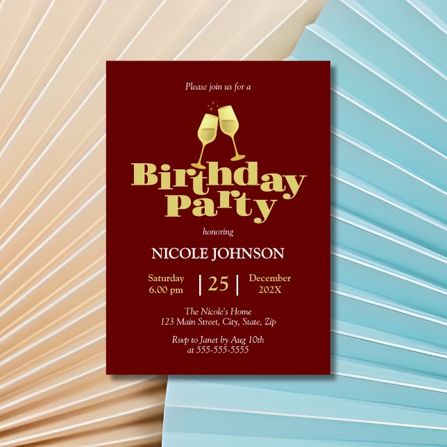 Elegant Gold Champagne Burgundy Birthday Party Invitation (Creator Uploaded)