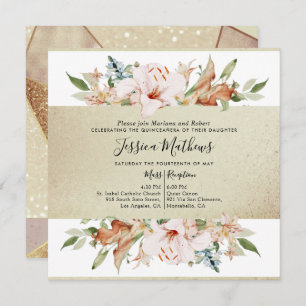 Elegant Gold Champagne Floral Quinceañera Invitation