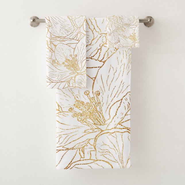 Elegant Gold Cherry Blossom Flowers White Design Bath Towel Set (Insitu)
