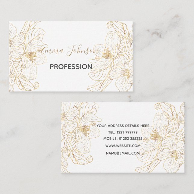 Elegant Gold Cherry Blossom Flowers White Design Business Card (Front/Back)
