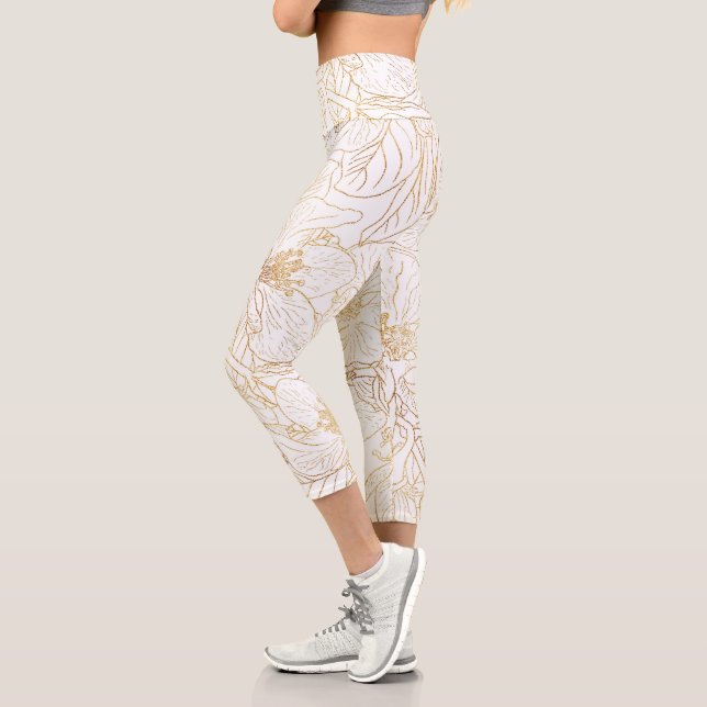 Elegant Gold Cherry Blossom Flowers White Design Capri Leggings (Left)