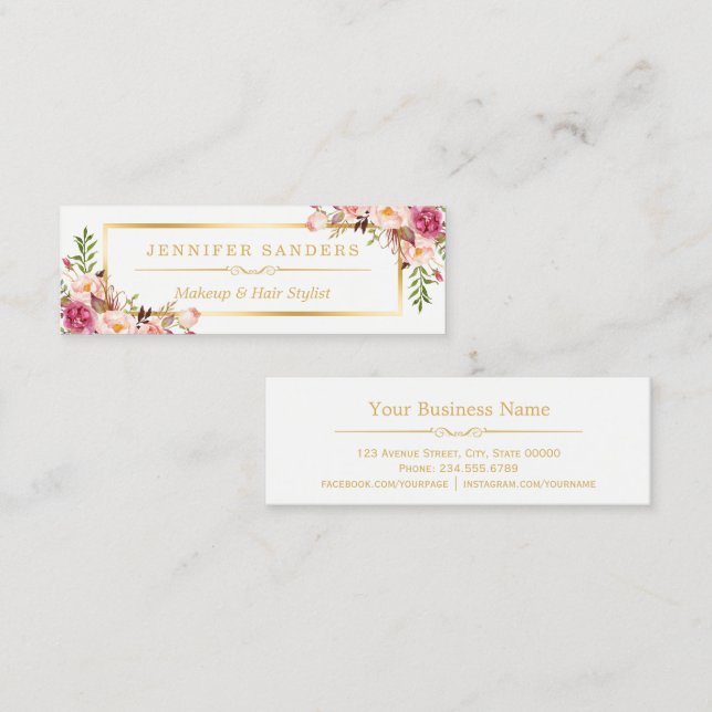 Elegant Gold Chic Floral Makeup Hair Stylist Salon Mini Business Card (Front/Back)