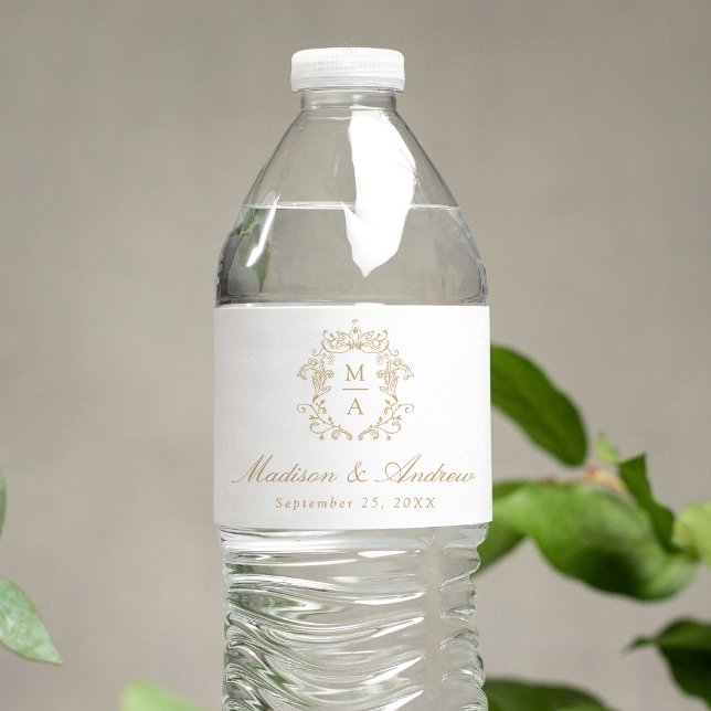 Elegant Gold Chinoiserie Crest Monogram Wedding Water Bottle Label (Creator Uploaded)