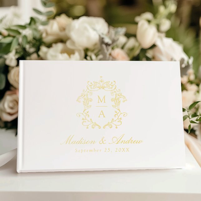 Elegant Gold Chinoiserie Crest Photo Wedding Guest Book (Creator Uploaded)