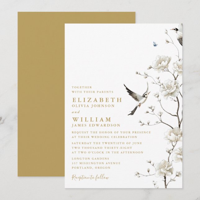 Elegant Gold Chinoiserie Floral Garden Wedding Invitation (Front/Back)