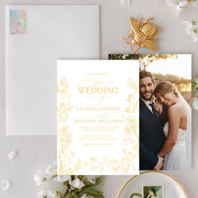 Elegant Gold Chinoiserie Floral Photo Wedding Invitation (Creator Uploaded)