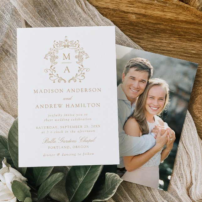 Elegant Gold Chinoiserie Floral Photo Wedding Invitation (Creator Uploaded)