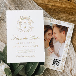 Elegant Gold Chinoiserie Floral QR Code Wedding Save The Date