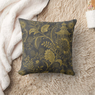 Elegant Gold Chinoiserie Floral Vintage Pagoda Cushion