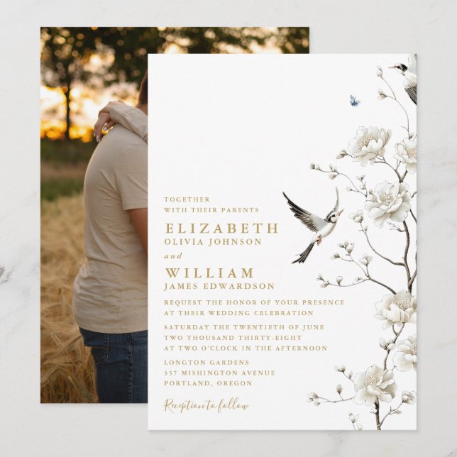 Elegant Gold Chinoiserie Floral Wedding Photo Invitation (Front/Back)