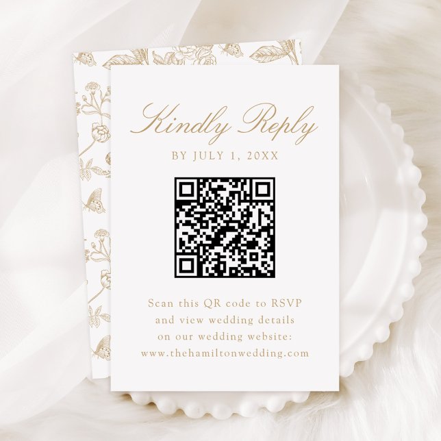 Elegant Gold Chinoiserie Floral Wedding QR Code RSVP Card (Creator Uploaded)