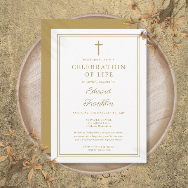 Elegant Gold Christian Celebration Of Life Funeral Invitation (Elegant Gold Christian Celebration Of Life Funeral Invitation)