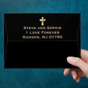 Elegant Gold Christian Cross Black Wedding Envelope