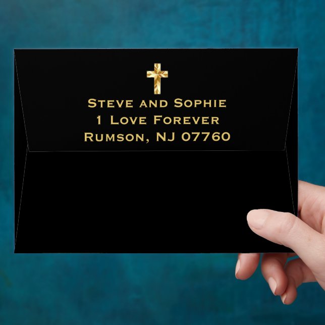 Elegant Gold Christian Cross Black Wedding Envelope (Hand)